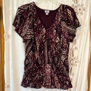 Worthington purple and white  Flutter Sleeve Blouse with Draped Front Details